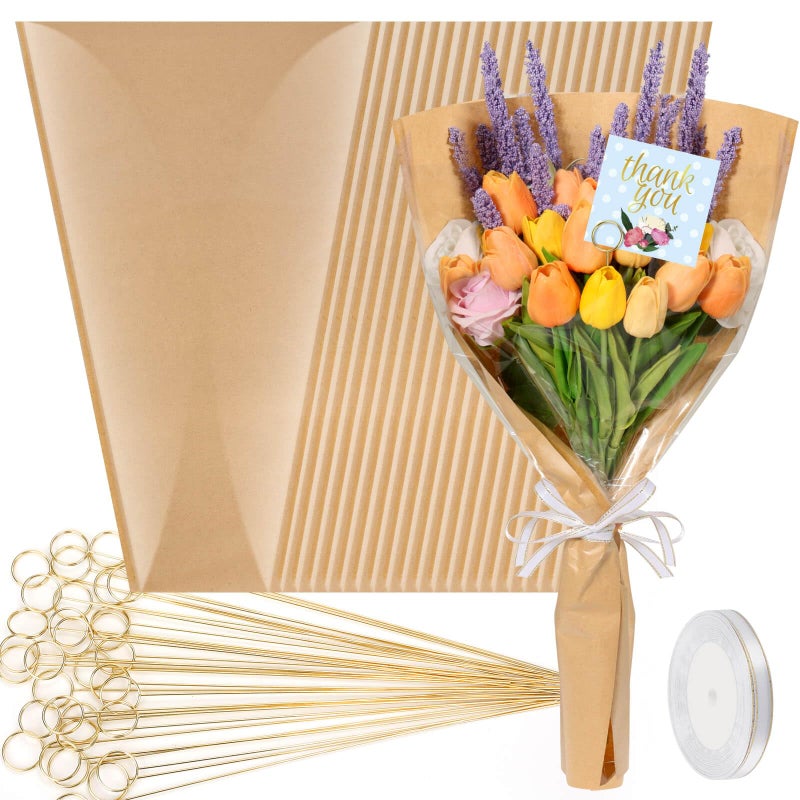 cridoz 50 PCS Flower Wrapping Paper Sleeves for Bouquets with 50 PCS Floral Card Holder Picks and Ribbons Kraft Bouquet Bags for Flower Bar Mothers Day Graduation Valentine 22 x 14 Inches